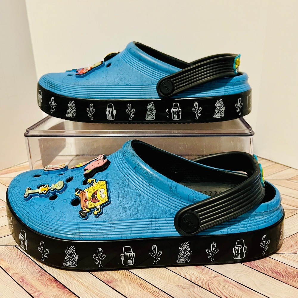 CROCS x SpongeBob Off Court Clogs Kids J3 Women 5 Blue Extra Jibbitz Plankton
